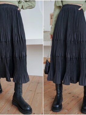 Luxe High Waisted Pleated Ruffle Maxi Skirt